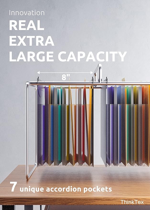 ThinkTex Plastic Expanding Hanging File Folders, 7 Innovative 1.2" Accordian Pockets, Large Capacity, Multi-Color Tabs, Letter Size for Filing Cabinet - 3 Packs