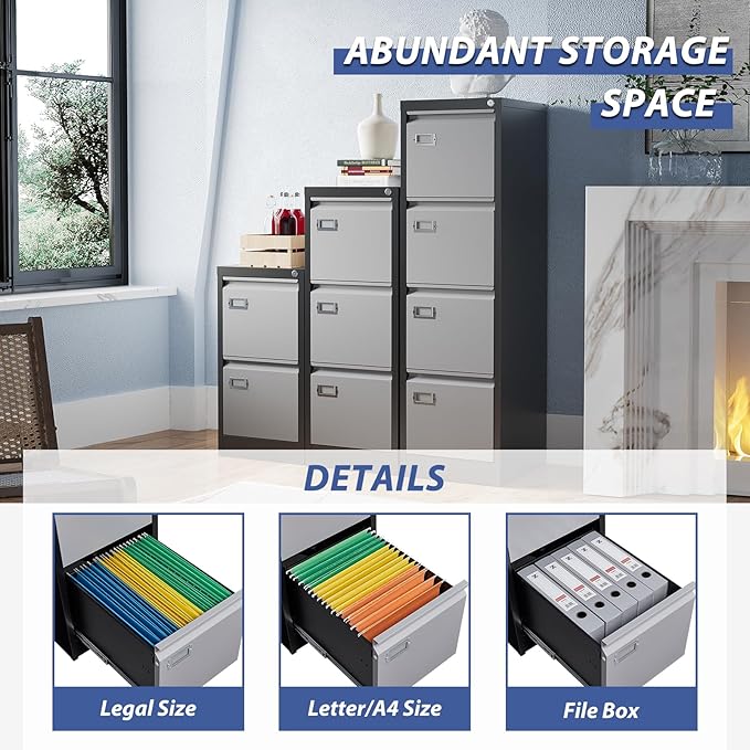 4 Drawer File Cabinet, Filing Cabinets for Home Office, Metal Vertical File Storage Cabinet with Lock, Locking File Cabinet for A4 Legal/Letter, 15" W x 17.7" D x 50.1" H, Assembly Required