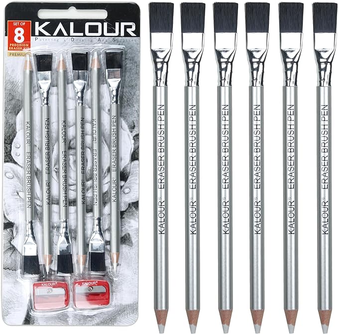 KALOUR Detail Eraser Pencil - 6pc Eraser Pencils with Brush and 2pc Sharpener,Erasing Small Details or add Highlights for Sketching, Charcoal Drawings. Fine Detail Eraser for Beginners & Artists