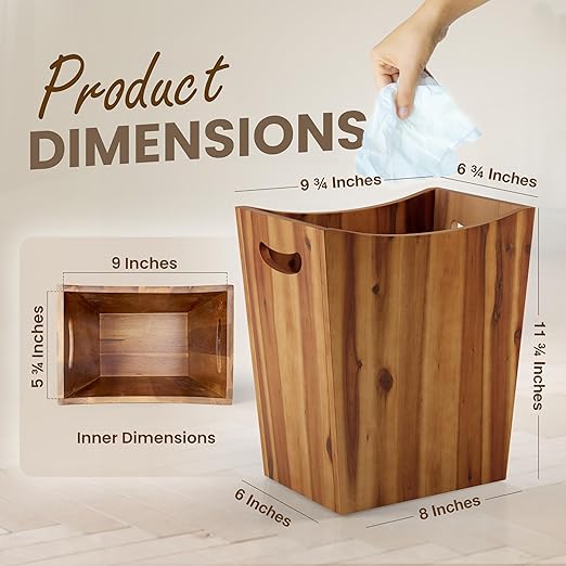 2 Gallon Acacia Wooden Bin, Wastebasket – Small Trash Can, Decorative Bathroom Trash Can, Waste Basket for Bedroom, Office Garbage Can, Wood Bathroom Accessories, Boho Bedroom Decor