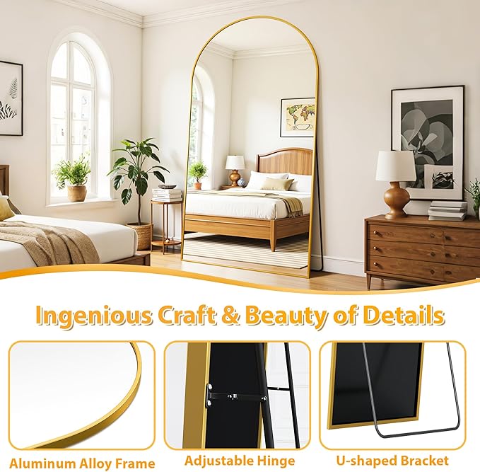 Full Length Mirror, 76"x44" Oversized Floor Mirror Freestanding, Full Body Mirror Floor Standing Mirrors with Stand, Hanging Mounted Mirrors for Bedroom Living Room, Gold, Arched Style