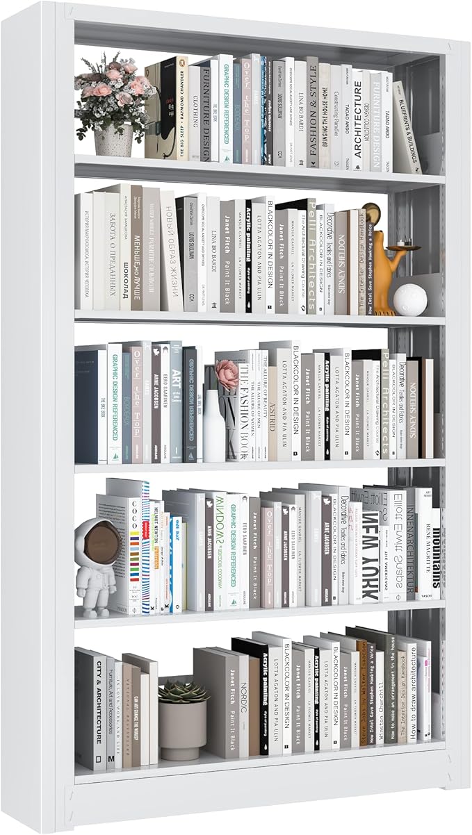 Metal Bookshelf, Adjustable 69" Tall Bookcase, 5 Tier Heavy Duty White Book Shelf with Book Stopper, Industrial Book Shelves for Living Room, Library, School, Office