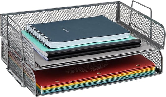 Mind Reader Stackable Paper Tray, Desktop Organizer, File Storage, Office, Metal Mesh, 13.25" L x 9.75" W x 6.25" H, 2 Pcs., Silver
