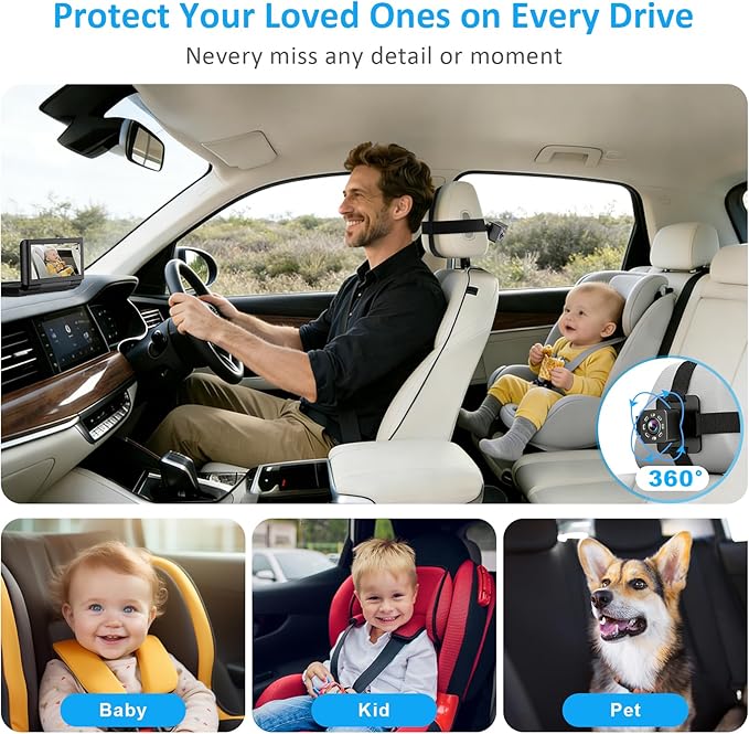 Baby Car Camera for 2 Kids, 6.86" 1080P HD Split Screen Baby Monitor - Image 5