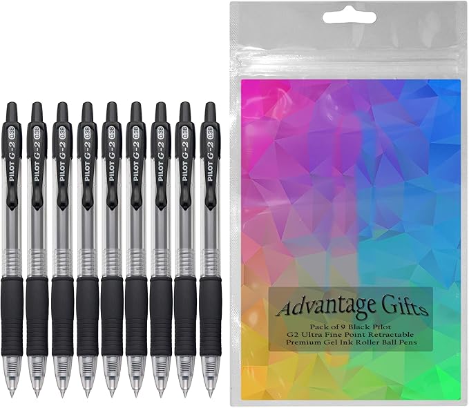 G2 Retractable Premium Gel Ink Roller Ball Pens Ultra Fine Point (.38mm) Black Ink 9 pack; Refillable & Premium Comfort Grip Bundle with Plastic Reusable Pouch