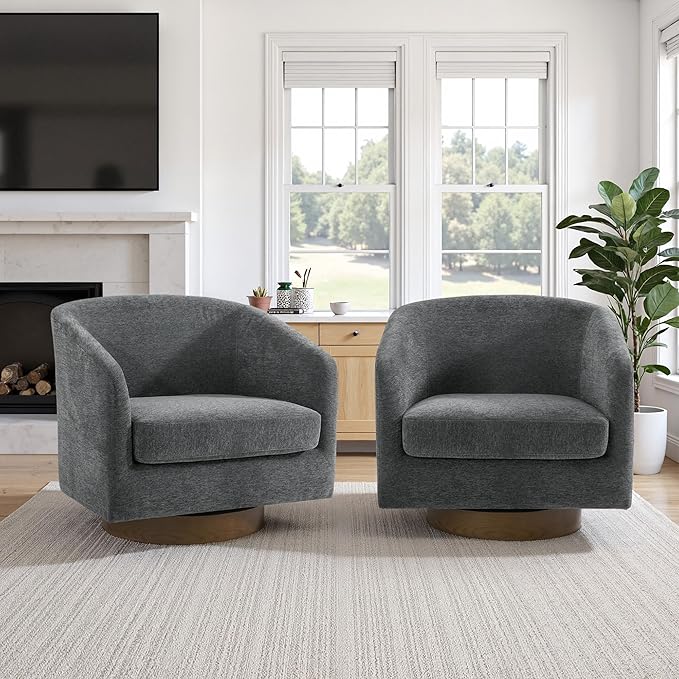 UIXE Swivel Accent Chairs Set of 2, Chenille Upholstered Barrel Chair for Living Room, Comfy Round Armchair Single Sofa Bedroom Reading Seat - 31" W, Gray