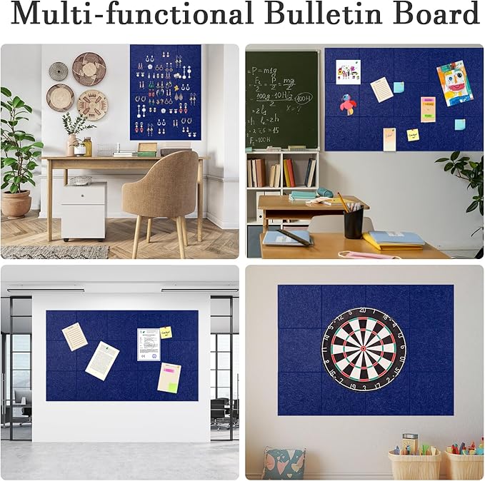 Large Cork Board Alternative, 12 Pack Felt Board with Safe Removable Adhesive Tabs Felt Wall Tiles, Large Cork Boards for Walls, Cork Board for Home Office, Pin Boards for Walls, Royal Blue