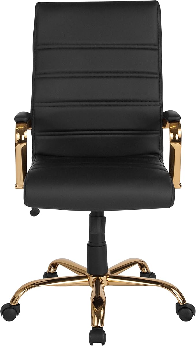 Flash Furniture Whitney High-Back Swivel LeatherSoft Desk Chair with Padded Seat and Armrests, Adjustable Height Padded Office Chair, Black/Gold