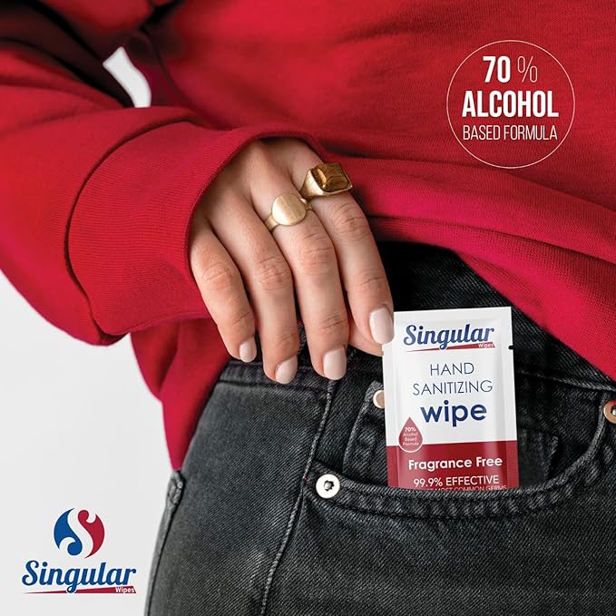 Hand Sanitizing Wipes Travel Size by Singular Wipes –30ct Individually Wrapped | Fragrance-Free, Moisturizing, 70% Isopropyl Alcohol Wipes | Travel, Home, Office, Daily Use | Made in USA