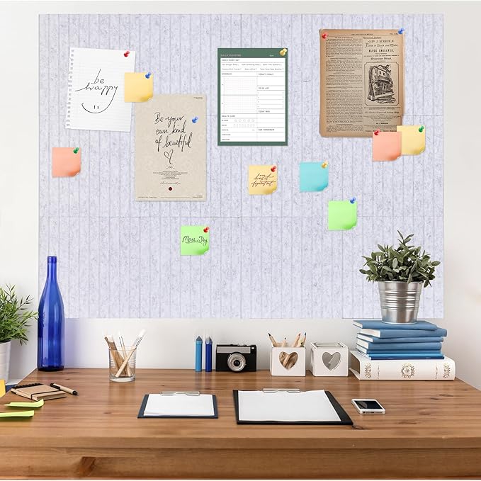 Large Cork Board Alternative, 15 Pack Felt Board with Safe Removable Adhesive Tabs Felt Wall Tiles, Large Cork Boards for Walls, Cork Board for Home Office, Pin Boards for Walls, Stripe Marble White