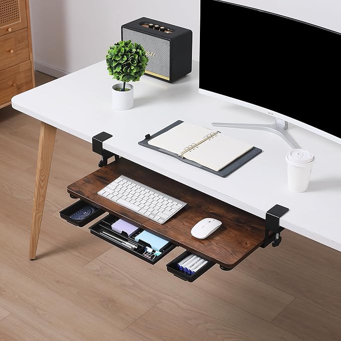 Keyboard Tray Under Desk with Drawer,26.77" X 11.81"Large Size Keyboard Tray with C Clamp-on Mount, Easy to Install, for Home Office (Mahogany)