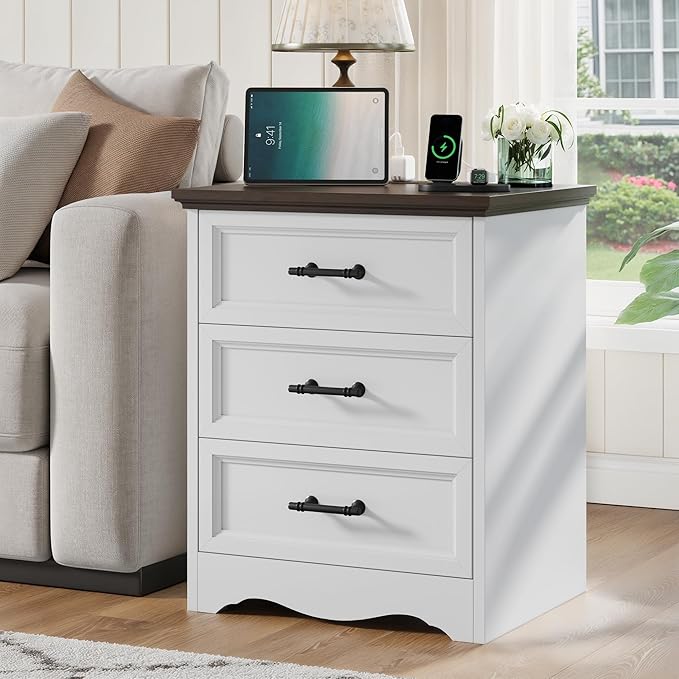 White Nightstand with Charging Station, 19.7" Farmhouse End Table with 3 Drawers Storage, Bedside Table with Brushed Metal Handles, Unique Base Design, 3 Drawer Dresser for Bedroom, Living Room