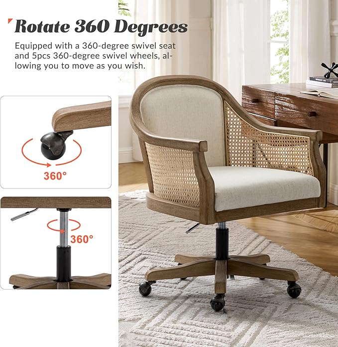 HULALA HOME Rattan Desk Chair, Upholstered Home Office Chair, Vintage Office Chair with Armrest, Adjustable Swivel Rolling Height Task Chair for Living Room Bedroom Study Room, Ivory