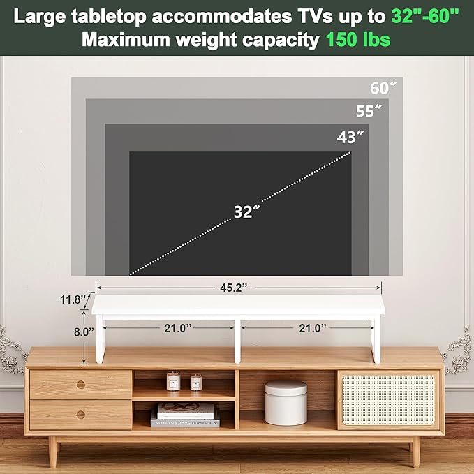 Clikuutory 45" Large TV Riser for 32-60 inch TVs, Tabletop Stand with Steel Legs, Storage & Dual - Screen Office Desk Function, Ideal for Home Office, Bedroom, Living Room, White