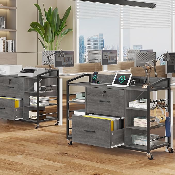 SEDETA 44" File Cabinet, Filing Cabinet fits Legal/Letter Size, 2 Drawer File Cabinets for Home Office with Lock, Power Strip, 6 Storage Shelves, Grey