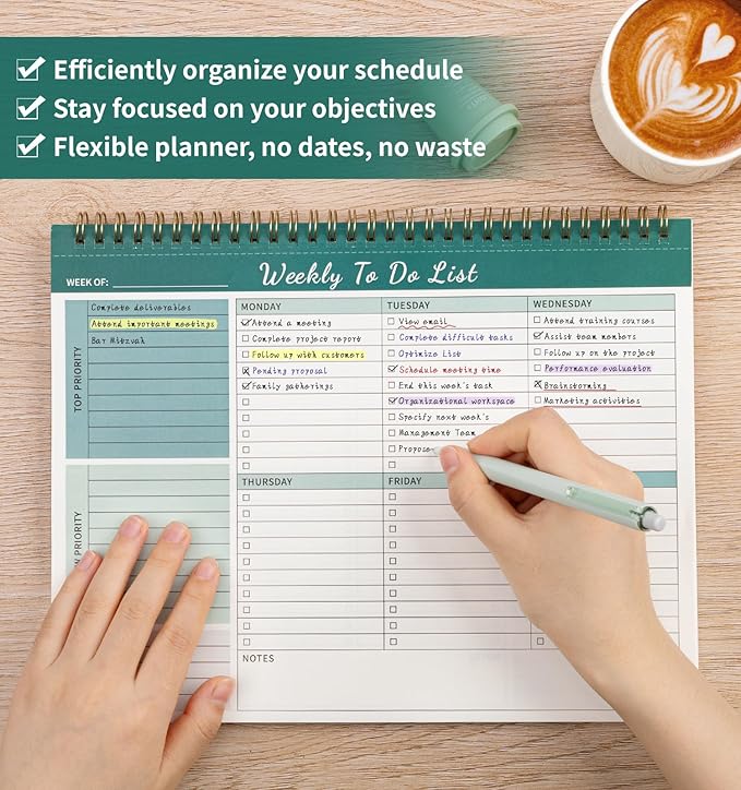Weekly To Do List Notepad, 52 Undated Sheets （8.5"×11") Duplex-printed Weekly Planner Notepad For Work Home School Office Desk Accessories Supplies & Goal Setting Tasks - Green