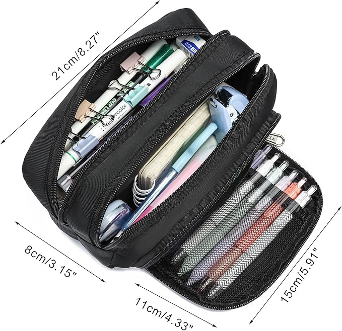 XQXA Pencil Pouch Large Capacity Pencil Case Organizer, Multifunctional Pen bag with 3 Compartmens, Big Pencil Bag for Office Travel Men Women Adult (01-Black)