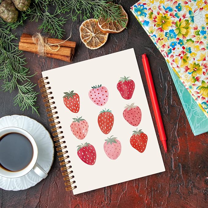 JXREQ Strawberry Pink Notebook Journal for Women Teen Girls Note Taking Writing College, Strawberry Office School Supplies, Cute Spiral Notebooks 5.5x8.3