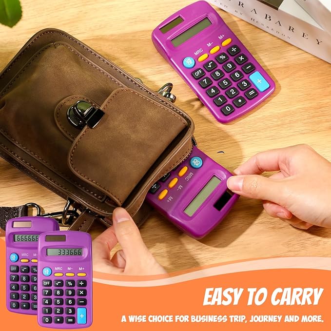 24 Pieces Basic Calculators for Students Small Pocket Size 8 Digit Display Mini Calculators Dual Powered Handheld for School Desktop Home(Purple)