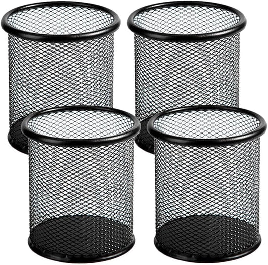 Ameceres 4 Packs Wire Mesh Pencil Holder Metal Pen Cup Desk Pen Organizer Case Pencil Jar Black for Office Home (Black)