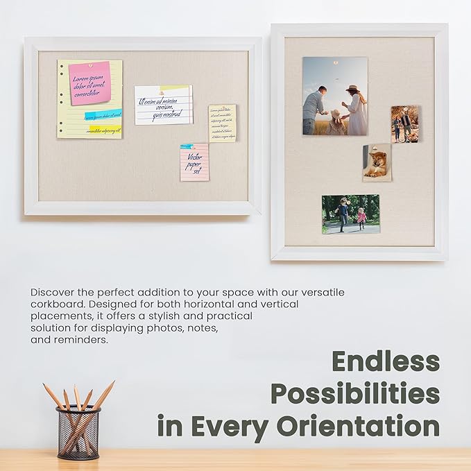 Bulletin Board Cork Board with Linen, 100% Wood Framed 18" x 24" Bulletin Board Decorations, Pin Boards for Walls, Wall Mounted Fabric Picture Board with 10 Pushpins for School, Home & Office, White