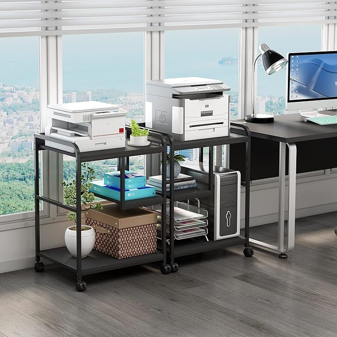 Printer Stand with Storage Shelf for Home Office Organization, 22 x 18 Inch Large Printer Table with Wheels, Shredder Stand, CPU Stand, Rolling Cart for Host Computer, PC Tower, Desktop- Black