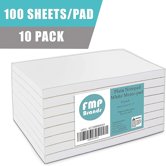FMP Brands 10 Pack Note Pads 4x6, 100 Sheets Per Memo Pad, Writing Scratch Pad, Blank Notepad, White Waitress Server Note Pads, Paper Pad, To Do Grocery List Small Notepads