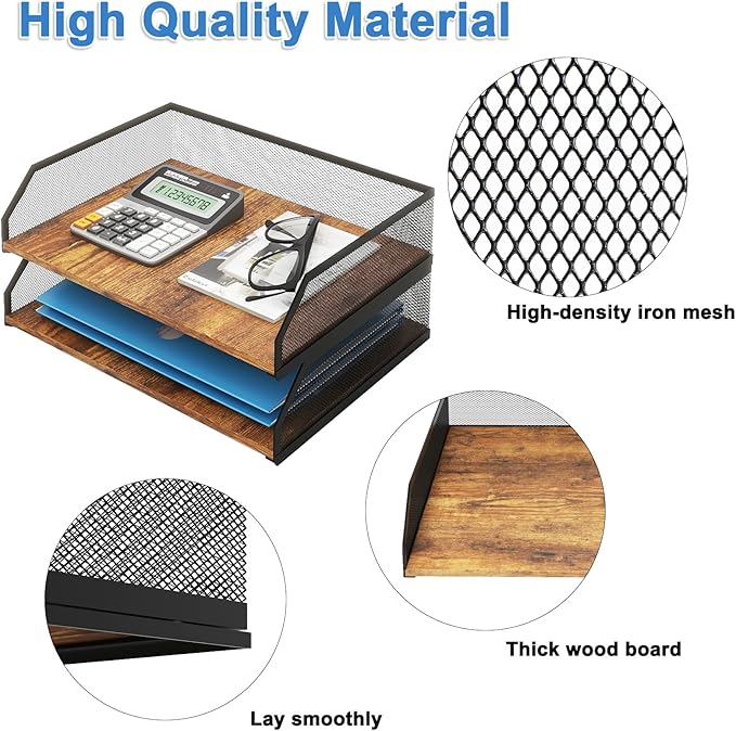Natwind 2-Tier Stackable Paper Tray, Metal Mesh Desktop Organizer, Paper Sorter, Letter Trays,File Document Storage Rack for for Home, Office, School (Retro)