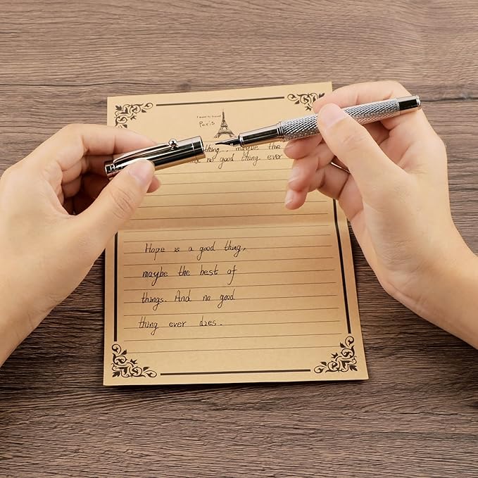 Fancy Fountain Pen Set – Fine & Medium Nibs, Includes 18 Ink Cartridges, Ink Converter, Syringe Filler, Luxury Gift for Writing, Journaling & Calligraphy，Silvery