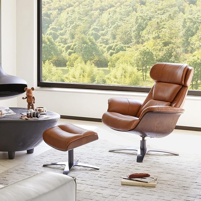 CHITA Genuine Leather Reclining Swivel Chair with Adjustable Headrest and Ottoman for Living Room, Saddle