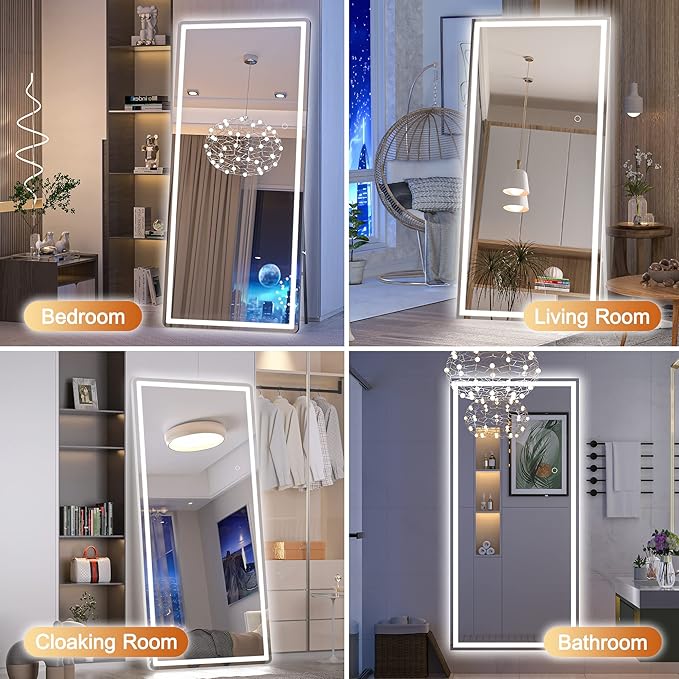 Hasipu Full Length Mirror with Lights, 75" x 28" LED Lighted Floor Standing, Full Body Dressing Hanging Mounted Mirror, Dimmable, Tempered Glass, Safe to Use, Square White