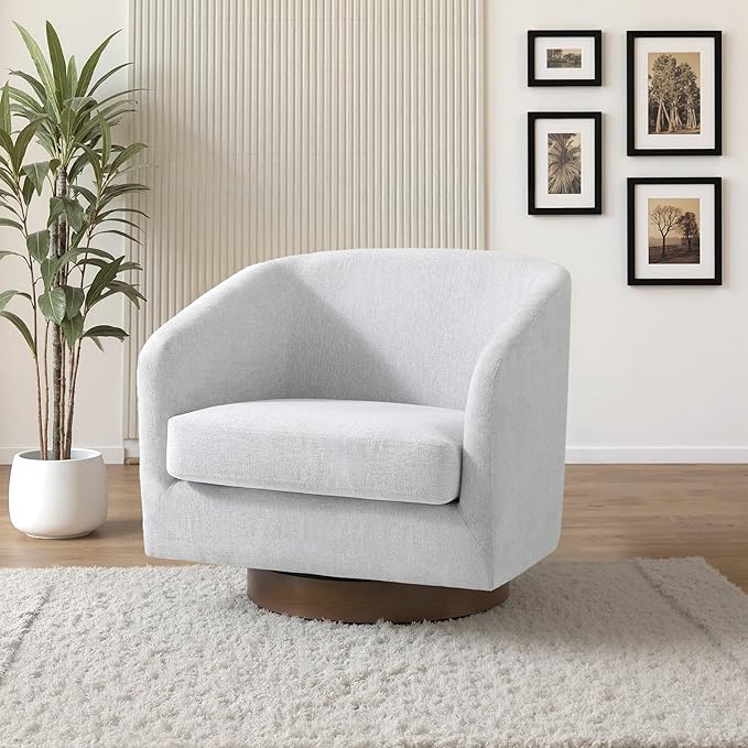 UIXE Swivel Accent Chair with Wood Base, Chenille Upholstered Barrel Chairs for Living Room, Comfy Round Armchair Single Sofa Bedroom Reading Seat - 31" W, Beige