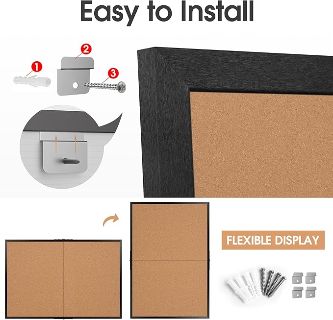 Board2by Extra Large Cork Bulletin Board 60" X 36", Foldable Notice Pin Board for Wall, Black Wood Framed 5'x3' Corkboard, Wall Mounted Noticeboard with 36 Push Pins for School, Home & Office