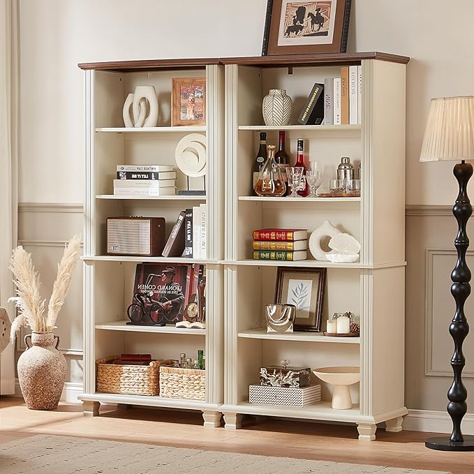 70" Tall White Bookshelf,5 Tier Wood Book Shelf with Adjustable Shelves & Wood Legs,Free Standing Farmhouse Bookcase with Open Display Storage,Vintage Kids Bookshelves for Nursery,3PCS