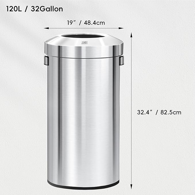 EKO 32-Gallon Round Stainless Steel Open Top Trash Can, Large Commercial Waste Bin with Detachable Lid and Carrying Handle, Brushed Metal Garbage Bin for Home, Office, Restaurant, Restroom