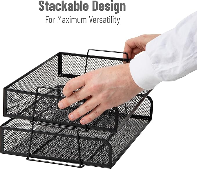 Mind Reader Stackable Paper Tray, Desktop Organizer, File Storage, Office, Metal Mesh, 13.25" L x 9.75" W x 6.25" H, 2 Pcs., Black