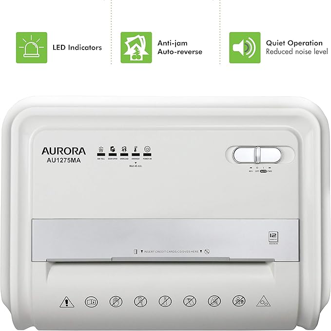 Aurora AU1275MA Professional Grade 12-Sheet Micro-Cut Paper and CD/Credit Card Shredder/ 60 Minutes Continuous Run Time, White/Gray