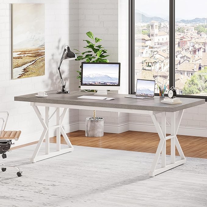 Tribesigns 70.8-Inch Executive Desk, Large Computer Office Desk Workstation, Modern Simple Style Laptop Desk Study Writing Table Business Furniture for Home Office (Grey/White, 70.8 Inch)