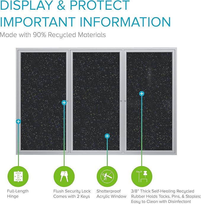 Ghent 36"x72" 3-Door indoor Enclosed Recycled Rubber Bulletin Board, Shatter Resistant, with Lock, Satin Aluminum Frame, Confetti (PA33672TR-CF) ,Made in the USA