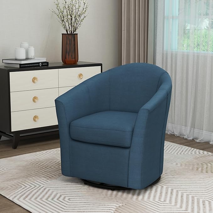 UIXE 360° Swivel Barrel Accent Chair, Modern Round Arm Chair Upholstered Club Armchair, Single Sofa Seating in Fabric for Living Room, Bedroom (Blue)