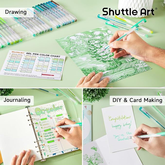 Shuttle Art 60 Pack Green Tone Gel Pens, 30 Green Tone Gel Pens with 30 Refills for Adults Coloring Books Journaling Drawing Nature, Landscapes, Animals Scenes