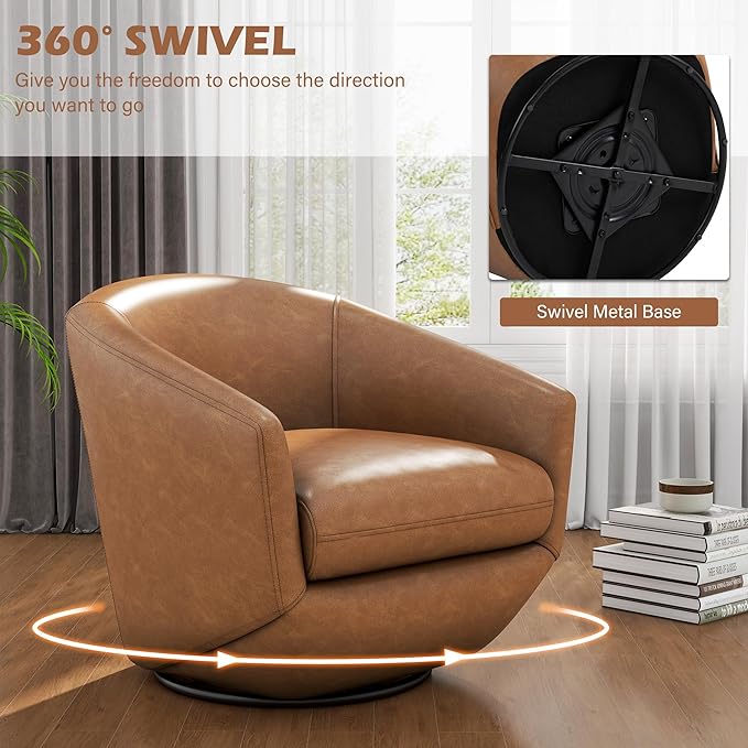 UIXE 360° Swivel Barrel Accent Chair, PU Leather Upholstered Club Armchair for Living Room, Modern Round Arm Chair Single Sofa Bedroom Reading Seating (Brown)