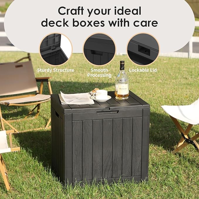 35 Gallon Lockable Resin Deck Box, Waterproof & UV-Resistant Outdoor Storage Box for Outdoor Cushion Storage, Garden Tools & Pool Accessories Storage, Black