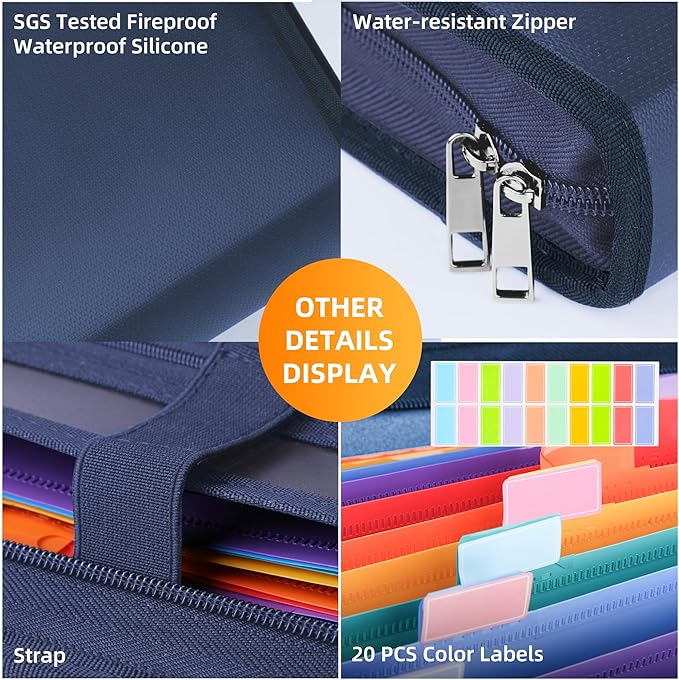 JUNDUN Accordion File Organizer - 12 Pocket Expanding File Folder with Zipper & Labels - Fireproof File Folder Organizer with Multi-Pockets,Document Organizer for Letter A4 Files and More (Blue)