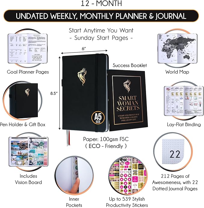 Hourly Planner - Undated Daily, Weekly & Monthly Planner with Budget Section | A 12 Month Journey to Increase Productivity & Happiness | Life Organizer & Gratitude Journal - Vertical Format