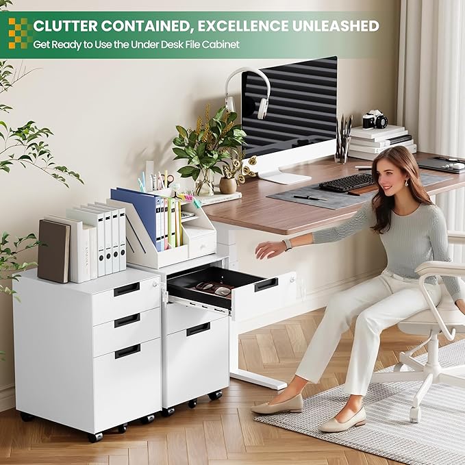 Mobile File Cabinet,3 Drawer Locking Storage Filing Cabinet,Office Metal Storage Cabinet on Wheels for Legal/Letter/A4 File(Fully Assembled，White)