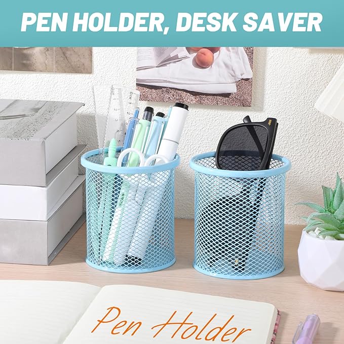 Segarty Pencil Holder, 6 Pack Light Blue Pen Holder, Pencils Cups Holder for Desk, Round Mesh Pens Container Organizer for Office Supplies, School Classroom, Makeup Brush, Home Storage