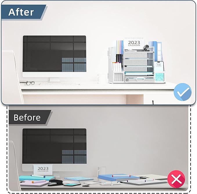 SUPEASY Mesh Desk Organizer with File Holder, 5-Tier Paper Letter Tray Organizer with Magazine Holder, Desktop Organizer and Storage with Drawer for Office Supplies Home or School, White