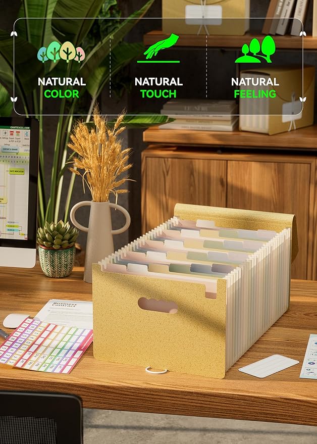 Accordion File Organizer, 26 Pockets Wheat Straw Expanding File Folder, Monthly Bill Receipt Organizer, A-Z Tabs, 100% BPA Free, Return to Nature, Healthy Living, Letter/A4 Size-Wheat Yellow