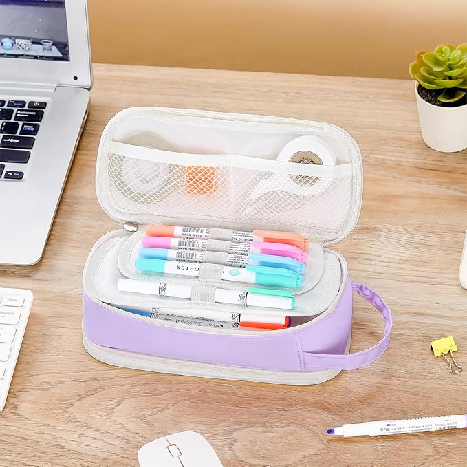 Pencil Case Large Zipper Pencil Pouch for Girls Kids Teens Adults Aesthetic Pencil Bag Stationery Organizer Pencil Case with Handle for School Purple